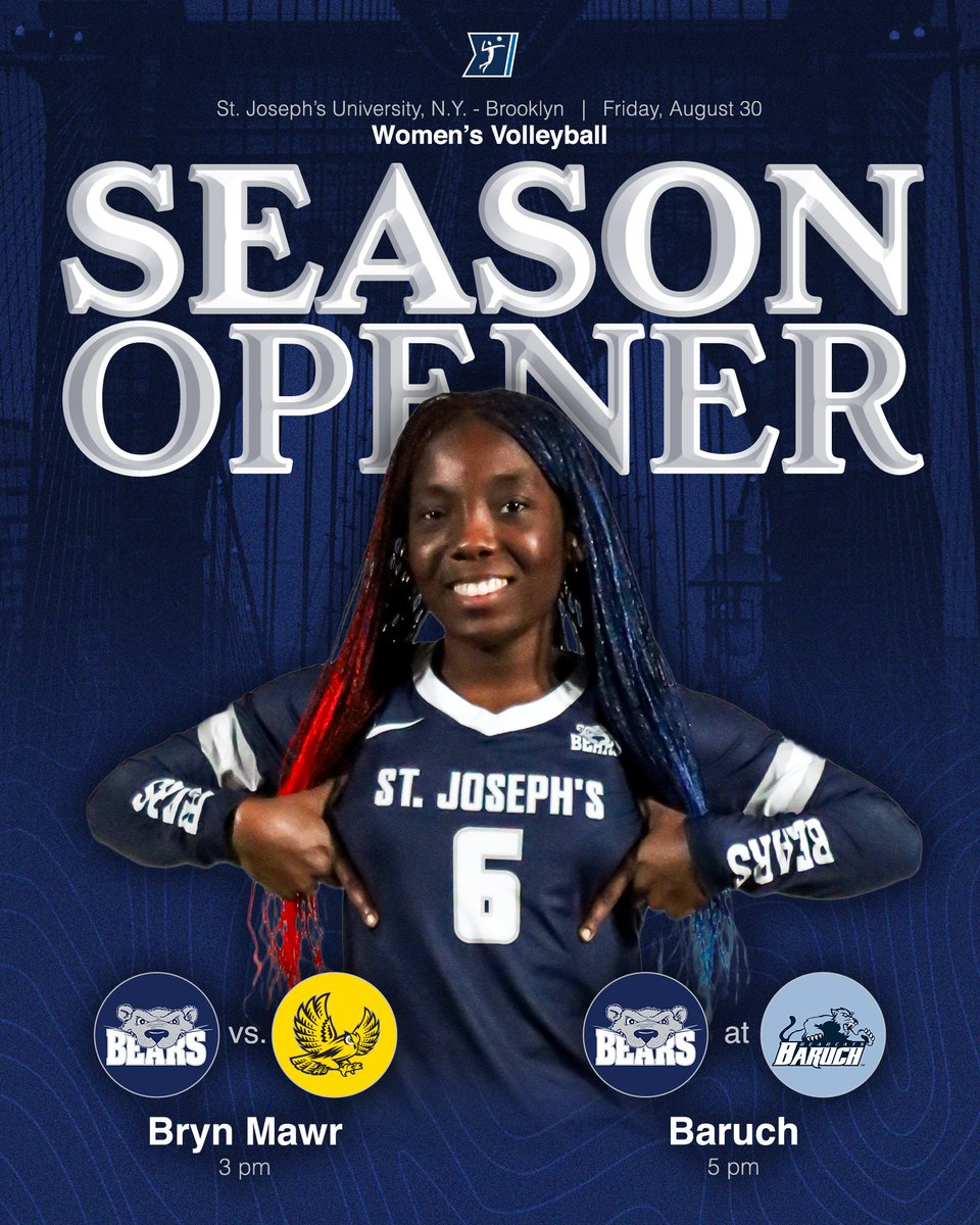 MATCHDAY! Our fall seasons open on Friday

🏐 WVB
🆚 <a href="/BMCathletics/">Bryn Mawr Athletics</a>; <a href="/BaruchAthletics/">Baruch College Athletics</a>
🕒 3pm
📍 New York, NY

⚽ WSOC 📷
🆚 <a href="/GoPrattGo/">Pratt Institute Athletics</a>
🕔 5pm  

⚽ MSOC
🆚 <a href="/bklyn_bulldogs/">BC Athletics</a>
🕢 7:30pm

⚽📍 <a href="/AviatorSports/">Aviator Sports</a>

📺📊 sjbkathletics.com

#BearWitnessSJNY #SJNY #SJBK #D3VB #D3SOC