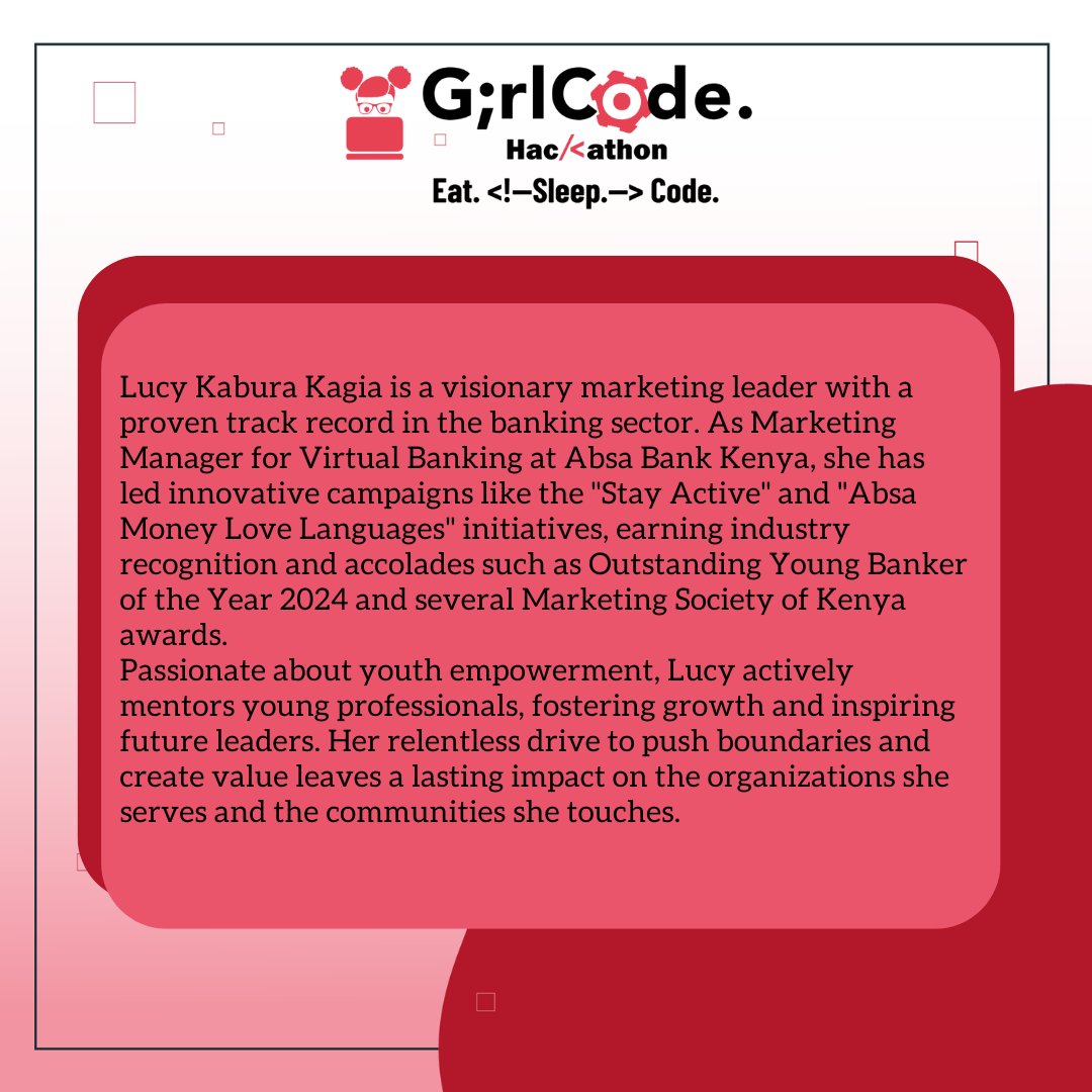 Excited to share that Lucy Kagia, the Marketing Manager at @absa_bank_kenya, will be the MC at our 10-year hackathon! Her insights &amp;experience in the industry will inspire and guide us as we mark this milestone. Network with Lucy when you see her! 

#GirlCodeHack