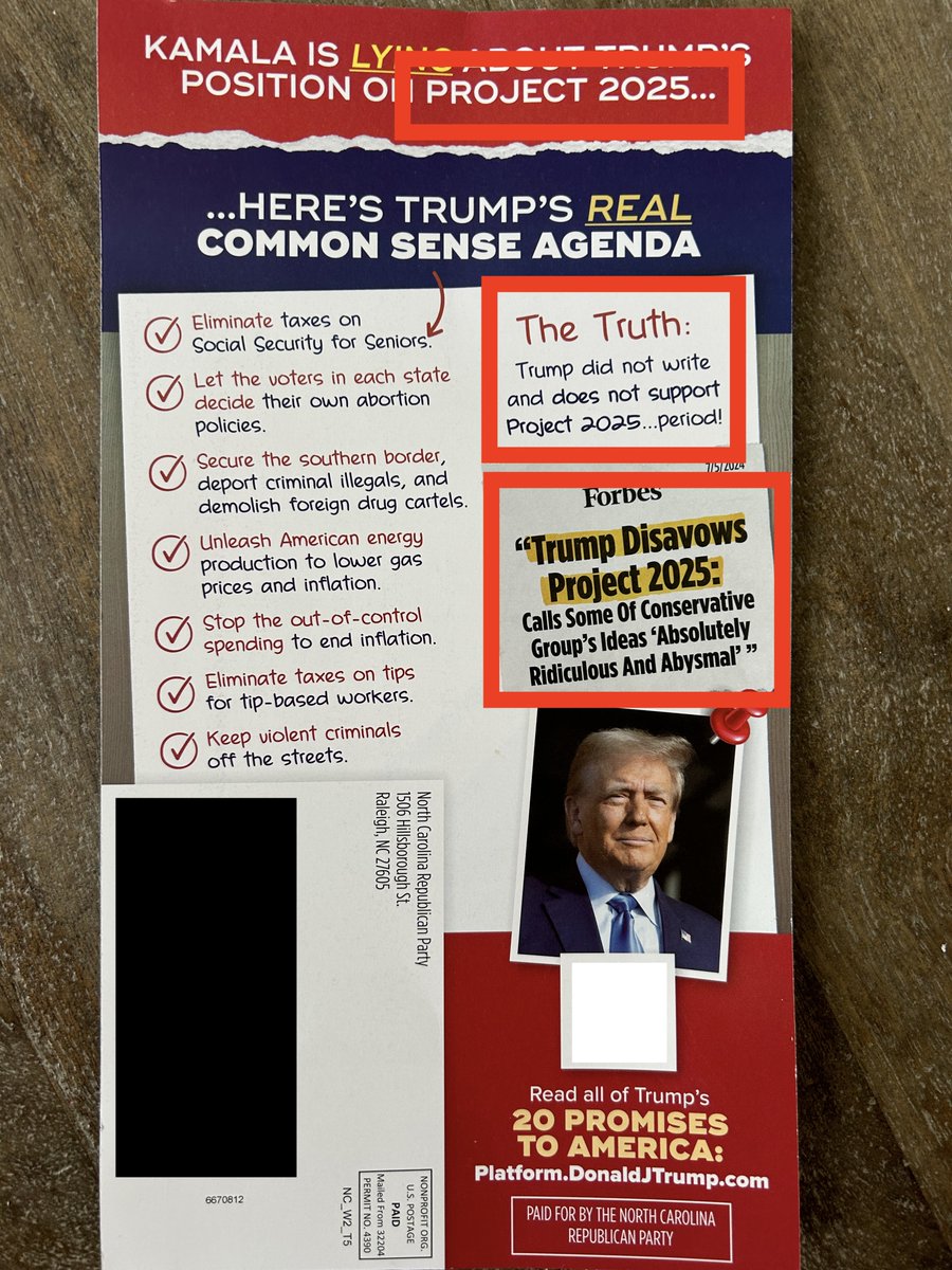 If you're wondering how totally-not-worried-at-all the Trump campaign is about the Project 2025 agenda gaining attention, their NC campaign is spending heavily on these mailers, which cite it by name 3 separate times.

The problem? His campaign wrote it.😬
americanprogress.org/series/project…