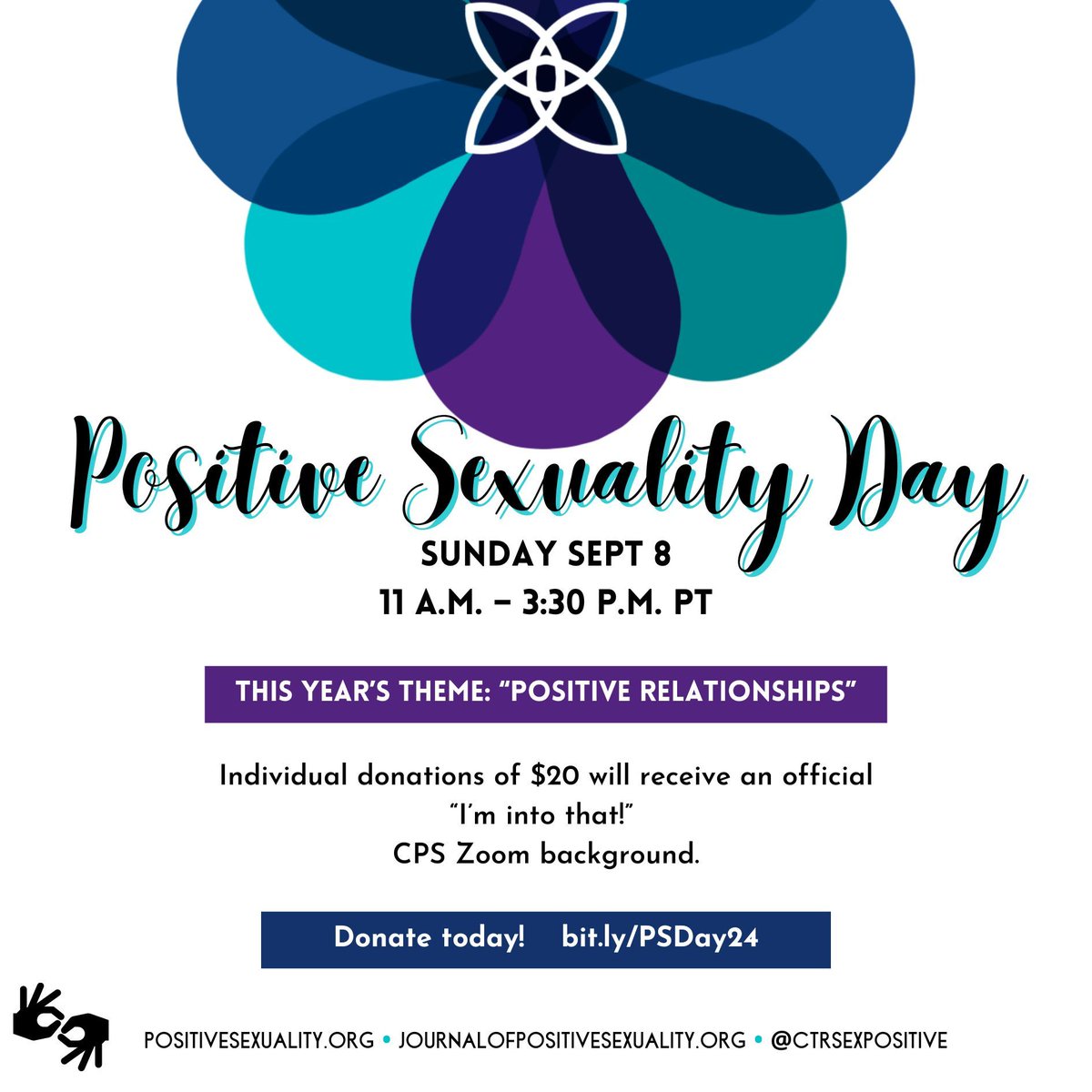 Our 5th Annual #PositiveSexualityDay is just 9 DAYS AWAY!
Donate $20 and you will receive an official "I'm into that!" 💬 Zoom background! All contributions are going to fund our Research Programs.

Donate: bit.ly/PSDay24
Register: bit.ly/RegisterPSD24

#PSD24