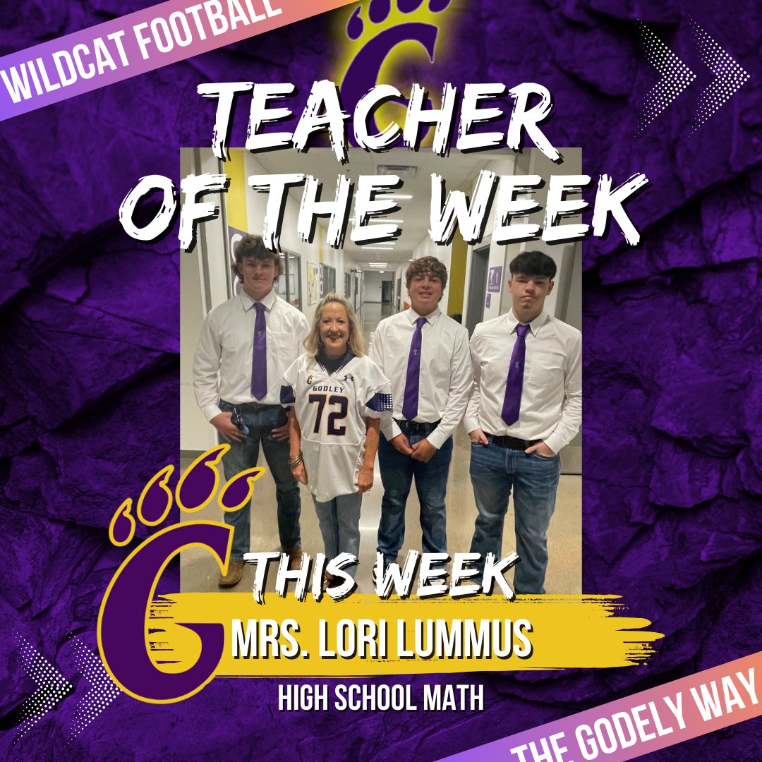 The Godley Varsity Football program has nominated Mrs. Lori Lummus as teacher of the week! Thank you Mrs. Lummus for all that you do and pouring into our student/ athletes.