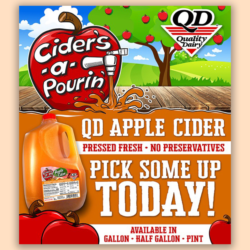 QualityDairy's tweet photo. QD Apple Cider is back and is now available in all our stores! Our cider is pressed fresh, preservative-free, and proudly Michigan-made. Download the QD App for exclusive savings. ๐ #MichiganMade #FreshPressed #QDCider https://t.co/yrJP0Vkzag
