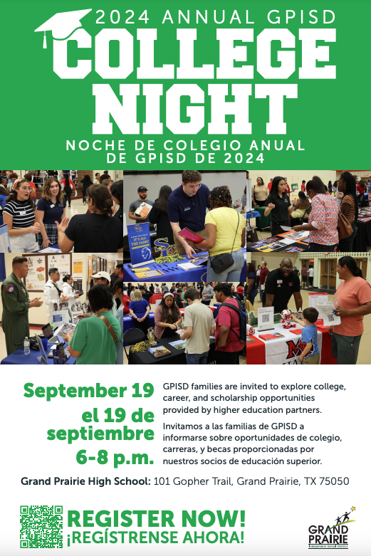 The Annual GPISD College Night is on Thursday, September 19th from 6pm to 8pm at Grand Prairie High School. This event is open to all GPISD students and families and is free to attend! 
Interested in attending college night? RSVP here: grandprairieisd.co1.qualtrics.com/jfe/form/SV_1H…