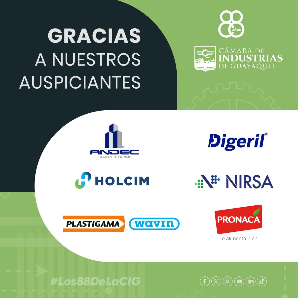 #Los88delaCIG | ¡Gracias a nuestros auspiciantes por acompañarnos en este aniversario tan especial! 🎉 Su apoyo hace posible que sigamos celebrando grandes logros juntos. 🙌✨

⏭️ Auspiciantes: <a href="/andec_sa/">Andec SA</a> , #digeril <a href="/nirsaoficial/">NIRSA</a> , <a href="/holcimecuador/">Holcim Ecuador</a> , <a href="/plastigamawavin/">Plastigama Wavin</a> y <a href="/pronacaec/">PRONACA</a>