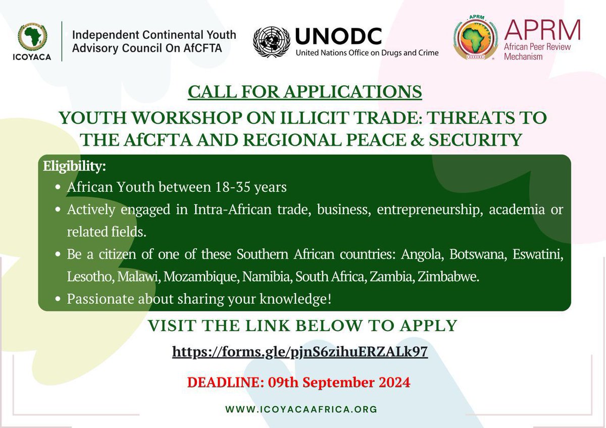 🚨 **Calling All Southern African Youth!** 

Join us at the **Youth Workshop on Illicit Trade: Threats to the AfCFTA and Regional Peace &amp; Security** 🌍 This is your chance to engage with like-minded individuals, share your knowledge and contribute to safeguarding our continent’s