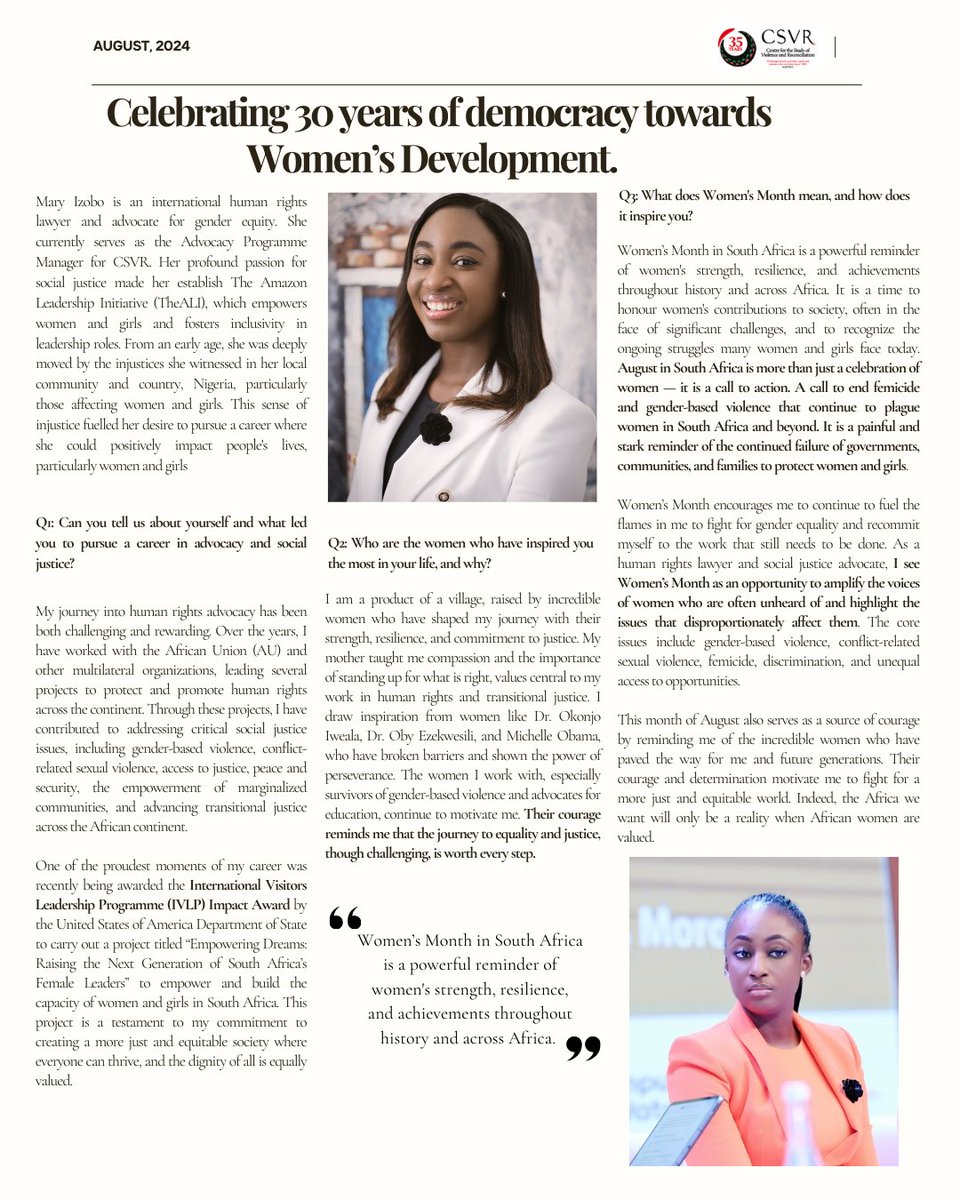 _CSVR's tweet photo. In our latest article, Mary takes us through her journey into advocacy and social justice. She discusses the women who have inspired her, the personal impact of Women’s Month, and the evolution of advocacy over the past 30 years.

#CSVR35 #WomensMonth #WomenInLeadership https://t.co/3CUcicUNUs