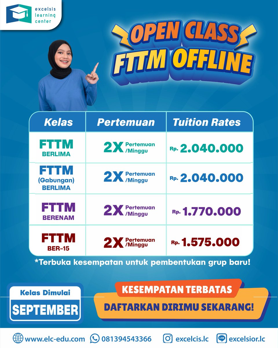 excelsislc's tweet image. 📢OPEN CLASS FTTM OFFLINE 📢

✅FTTM Ber-5 : 2.040.000 2X Meet/Minggu
✅FTTM (Gabungan) Ber-5 : 2.040.000 2X Meet/Minggu
✅FTTM Be-6 : 1.770.000 2X Meet/Minggu
✅FTTM Ber-15 : 1.575.000 3X Meet/Minggu

#institutteknologibandung #itb #tpbitb #bimbeltpb #bimbeltpbitb #fttn #fttmitb