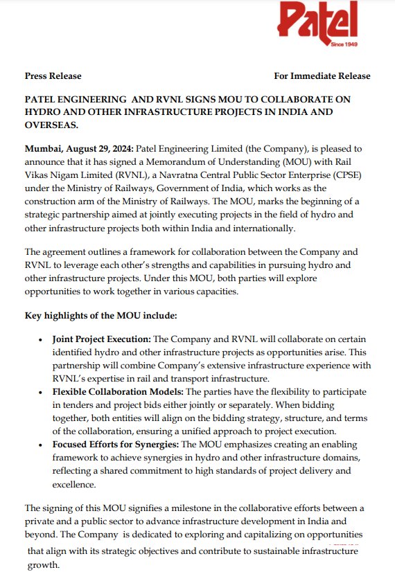 SudhyBhagwath's tweet image. Strategic MoU with Rail Vikas Nigam Limited
#PatelEngineering   #PoleandFlagPattern
#stocksinnews #investing