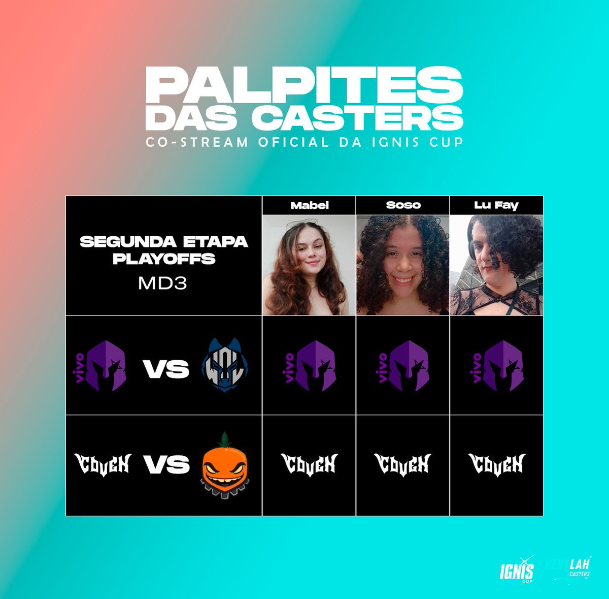 Nossas casters que estarão marcando presença na nossa co-stream oficial da #IgnisCup mandaram a boa: os palpites para as MD3 de hoje!

Elas cravaram <a href="/VivoKeyd/">Vivo Keyd Stars</a> e <a href="/ggcoven_/">✧ 𝐂𝐎𝐕𝐄𝐍 ✧ #IgnisCup #goCOVEN</a>, será que vão acertar? 👀