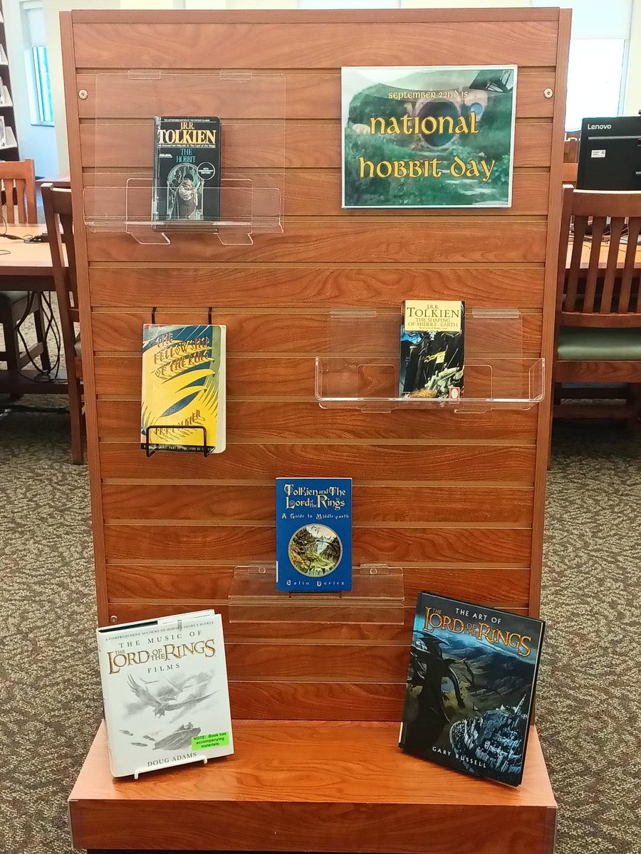 usfvannlibrary's tweet photo. September 22nd is #NationalHobbitDay In Tolkien's The Lord of the Rings, characters Bilbo and Frodo Baggins birthdays were celebrated on this day. Check out our display to find our more about the lore. These books will be on display until the end of the month. #vannlibrary @USFFW https://t.co/LwYJLKi3Hx