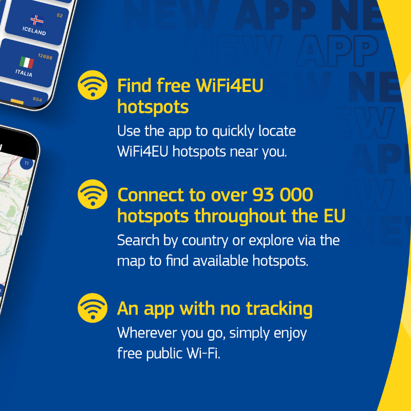 EU_HaDEA's tweet photo. 🛜 Introducing the new WiFi4EU app!

We're launching the WiFi4EU app, your key to 𝗙𝗥𝗘𝗘 Wi-Fi across Europe, making it easier than ever to find one of the 93 000 hotspots!

🔗𝗗𝗼𝘄𝗻𝗹𝗼𝗮𝗱 𝗻𝗼𝘄
• App Store: https://t.co/3KUPGfStzL
• Google Play: https://t.co/ffvUJgI5YV
