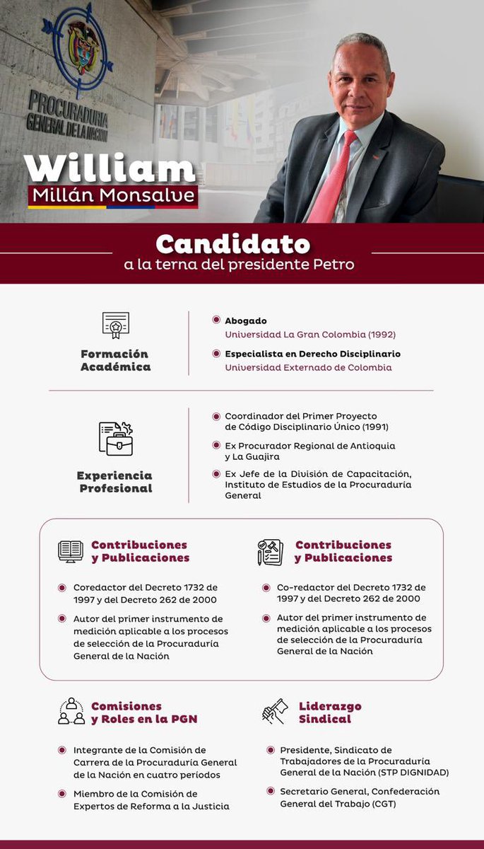 dannavargasco's tweet photo. Me enorgullece que personas transparentes y preparadas como el Doctor @williammillanm, tenga la posibilidad de ser ternado por el Presidente @petrogustavo a ser Procurador General de la Nación, el país merece personas como William Millán. @CGTCol https://t.co/jooDljNeN0