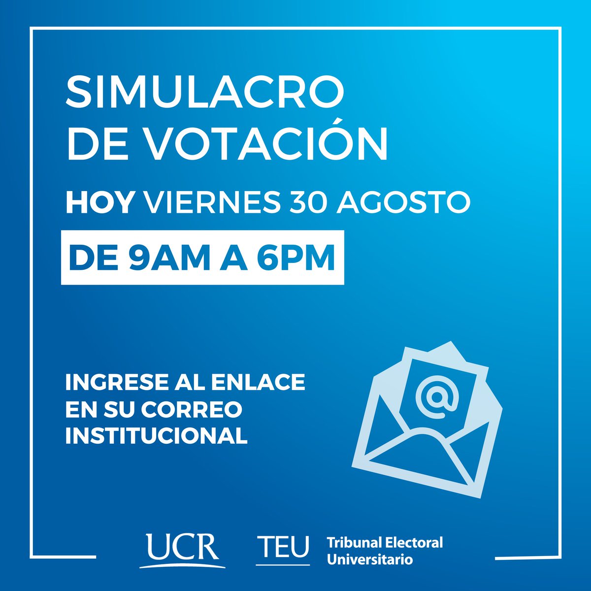 ¡Participe del simulacro de votación para la Rectoría! Hoy viernes 30 de agosto, de 9am a 6pm, las urnas estarán abiertas.

🌻🗳️