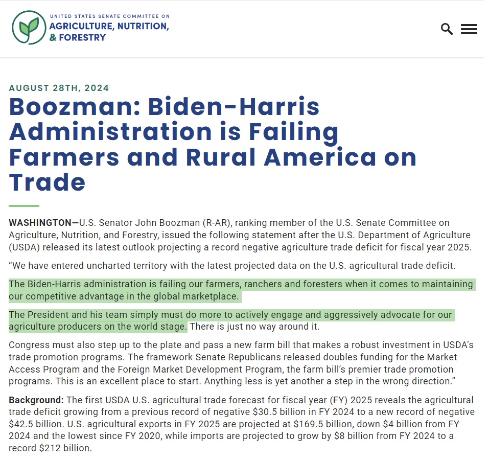 Charles_Benoit's tweet image. The U.S. agricultural trade deficit is expected to reach a record $42.5 billion in FY2025, well above 2024 record.
And looking at the deficit masks our dire situation. Our exports of refined carbohydrates (🌽, soy) are useless unless you're the Cargill-MacMillan or Tysons…