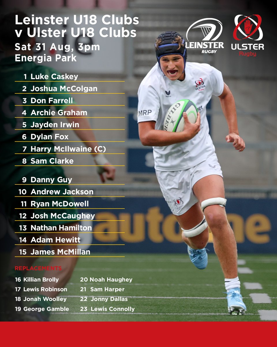 Our U18 Clubs team travelling to Dublin tomorrow to battle it out for the interpro title against <a href="/leinsterrugby/">Leinster Rugby</a> 👊

Full team info 👉 shorturl.at/WAmkS