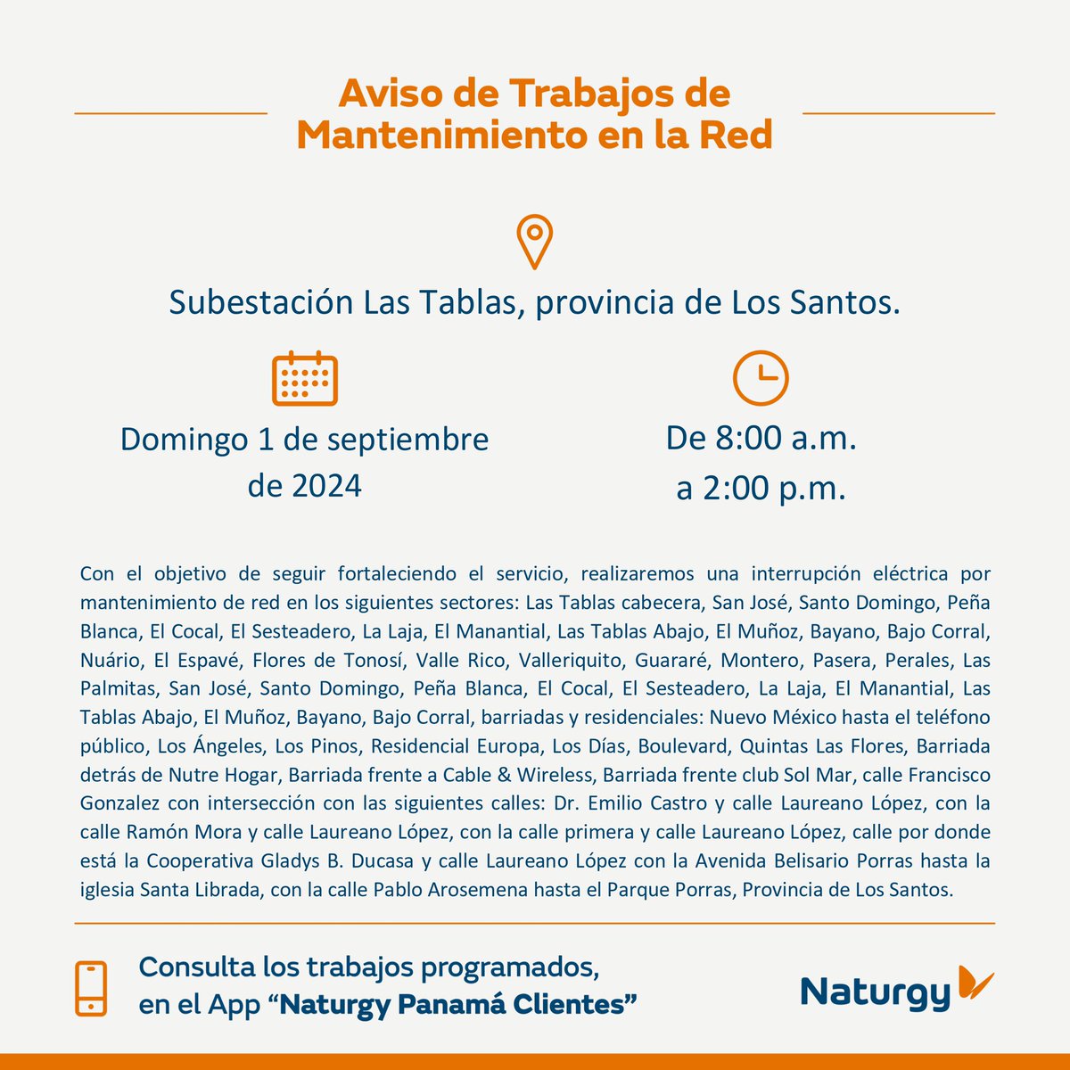 Naturgy Panamá (@naturgypa) on Twitter photo #ProvinciadeLosSantos Trabajos de mantenimiento en la red para el día domingo 1 de septiembre en Subestación Las Tablas. <a href="/azuerenses1/">Azuerenses</a> <a href="/LosSantos7/">Los Santos</a> <a href="/TeamCedula7/">TEAM CEDULA 7</a> <a href="/RTPanama/">Roberto Tomas</a> #ProvinciadeLosSantos Trabajos de mantenimiento en la red para el día domingo 1 de septiembre en Subestación Las Tablas. <a href="/azuerenses1/">Azuerenses</a> <a href="/LosSantos7/">Los Santos</a> <a href="/TeamCedula7/">TEAM CEDULA 7</a> <a href="/RTPanama/">Roberto Tomas</a>