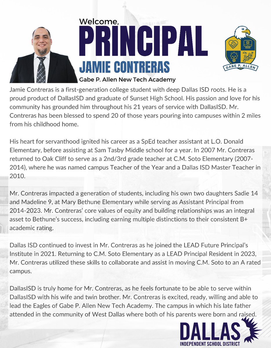 PathtoPinkston's tweet photo. We are so excited @GabeAllenEagles to announce our new principal Jamie Contreras! With a passion for excellence and a commitment to our students, we're ready to have an extraordinary school year!  @DallasISDSupt @THuittDISD @JoeCarreon @MRamirezDISD  @JContrerasPR @SHussainDISD https://t.co/YjJrtdolhC