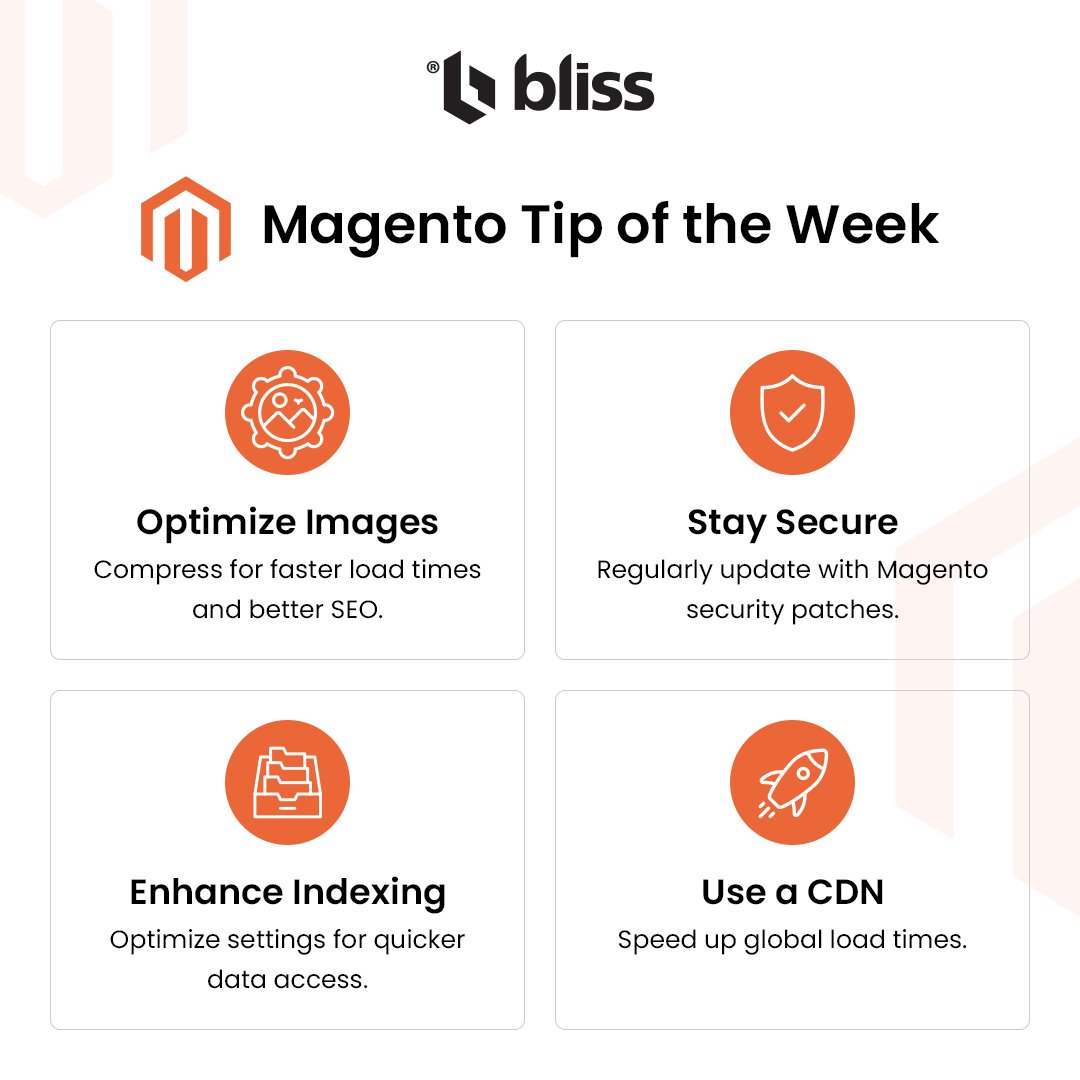 blisswebsolutio's tweet image. Magento Tip of the Week: 
Small tweaks, big results! Optimize images, stay secure, enhance indexing, and speed up with a CDN.
 
Keep your store in top shape! Need help implementing these tips? 

We’re here for you!

#MagentoTips #Ecommerce #WebsitePerformance #Blisswebsolution