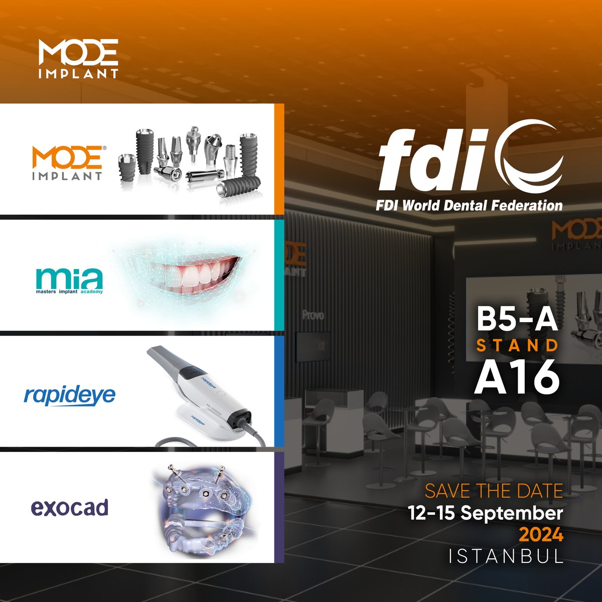 📅 Dates: 12 - 15 September 2024
📍 Location: Hall B5-A A16, Istanbul Congress Center

🔗 modeimplant.com
📧 info@modeimplant.com
📱 WhatsApp: +90 549 642 66 33

Available in English, Russian, and Arabic.
Доступно на русском
متاح باللغة العربية

#modeimplant #modemedikal