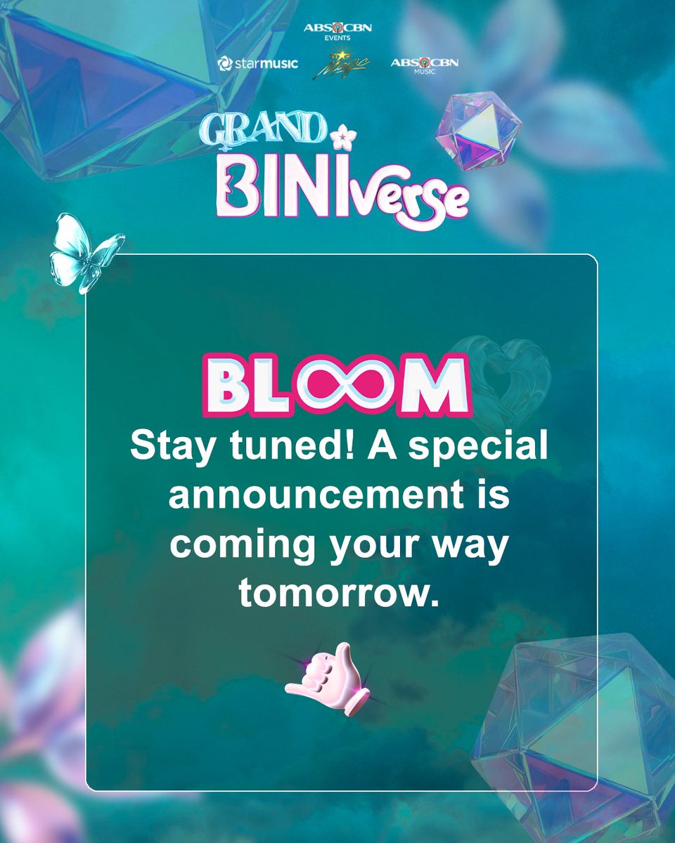 📣 ATTENTION, BLOOM! 🌸

Stay tuned for tomorrow’s announcement 😉🤙

#GrandBINIverse
#BINI #BINIph #StarMusicPH #ABSCBNMusic #ABSCBNEvents