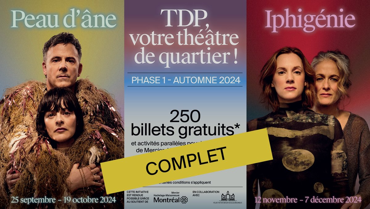 𝐓𝐃𝐏, 𝐯𝐨𝐭𝐫𝐞 𝐭𝐡𝐞́𝐚̂𝐭𝐫𝐞 𝐝𝐞 𝐪𝐮𝐚𝐫𝐭𝐢𝐞𝐫

Les billets de la phase 1 se sont envolés en un temps éclair ! Merci pour votre intérêt envers notre programmation.

Pour recevoir des infos sur les prochaines activités parallèles et la phase 2➡️ bit.ly/4fQDQLR