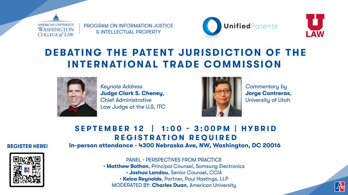 Upcoming patent event! This panel of legal and policy experts will discuss recent calls for reform of the ITC's patent jurisdiction and consider whether and how it should adapt to the global technology markets of today.