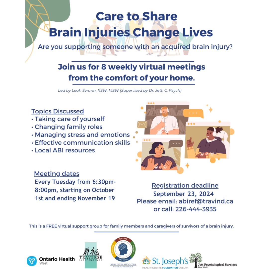 Our fall Caregiver Support Group will be starting on Tues. Oct. 1st. This will be a virtual group, Tuesday evenings 6:30-8pm. 

This is a great opportunity for caregivers to come together, and share resources, ideas and support to one another.

#supportgroup #braininjurysupport
