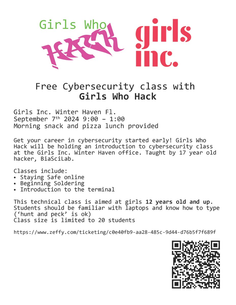 Girls in the Winter Haven area can dive into the world of cybersecurity with hands-on fun. Join Girls Who Hack, Inc. founder @BisSciLab on 7 Sept. from 9–1 at Girls, Inc. FREE and includes food! 

Register hubs.li/Q02N9v3d0

#GirlsWhoHack #Cybersecurity #STEM #EmpowerGirls