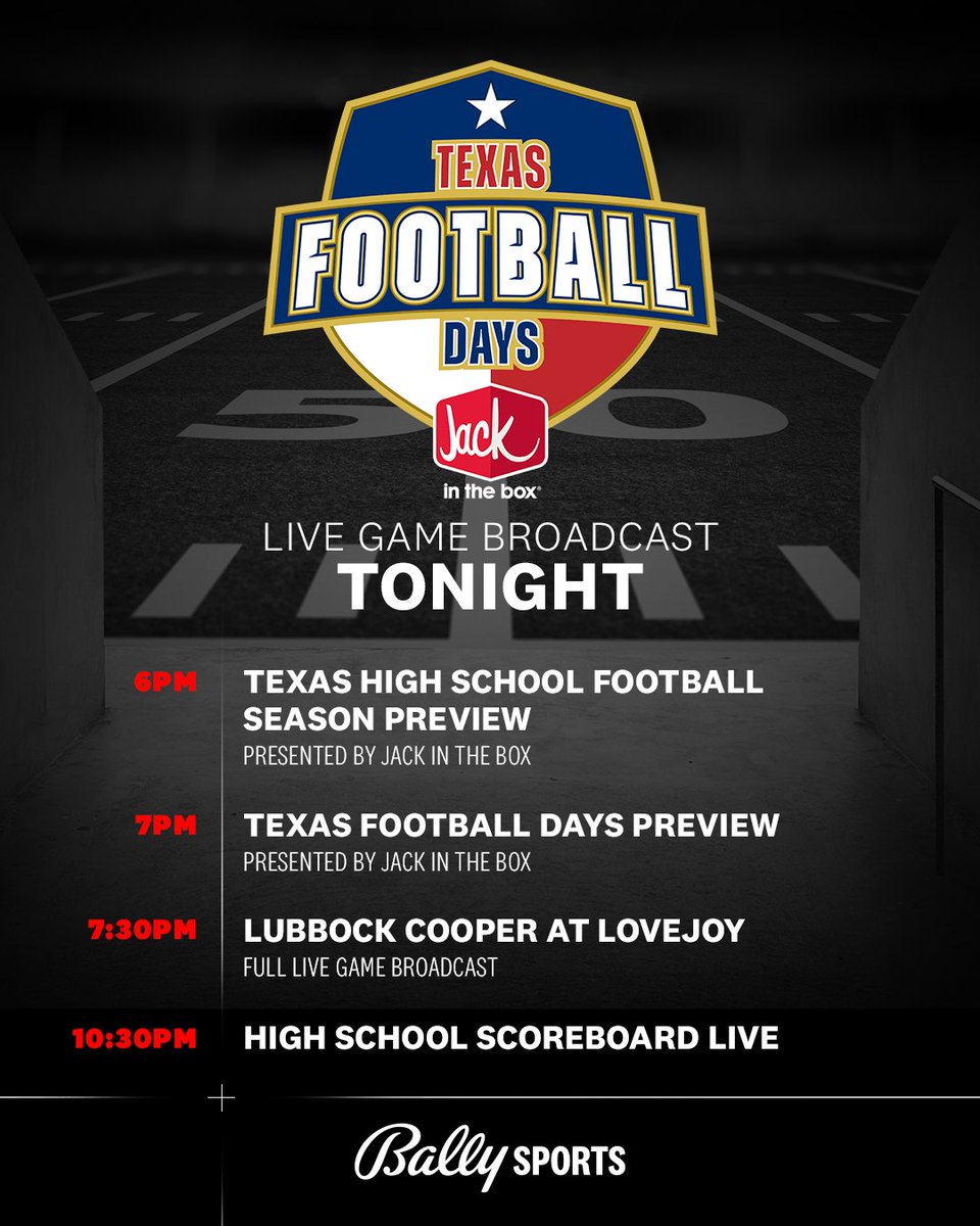 Local Sports High School (@ballysportstxhs) on Twitter photo We are so close to kick-off.
Live coverage of #TFD24 starts tonight at 6PM!
<a href="/lubbockcooper/">Lubbock-Cooper ISD</a> | @footballlcp | <a href="/leopardfootball/">LOJO Football</a> | <a href="/ToddDodgeFBcamp/">Todd Dodge</a> | <a href="/JackBox/">Jack in the Box</a> | @UILTexas We are so close to kick-off.
Live coverage of #TFD24 starts tonight at 6PM!
<a href="/lubbockcooper/">Lubbock-Cooper ISD</a> | @footballlcp | <a href="/leopardfootball/">LOJO Football</a> | <a href="/ToddDodgeFBcamp/">Todd Dodge</a> | <a href="/JackBox/">Jack in the Box</a> | @UILTexas