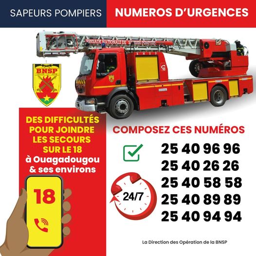 #BurkinaFaso :La Brigade Nationale des Sapeur-Pompiers informe que la ligne 18 de la ville de Ouagadougou et ses environs est actuellement inaccessible ce 30 aout 2024 pour des problèmes techniques.
Veuillez contacter ces numéros en cas d'urgence.