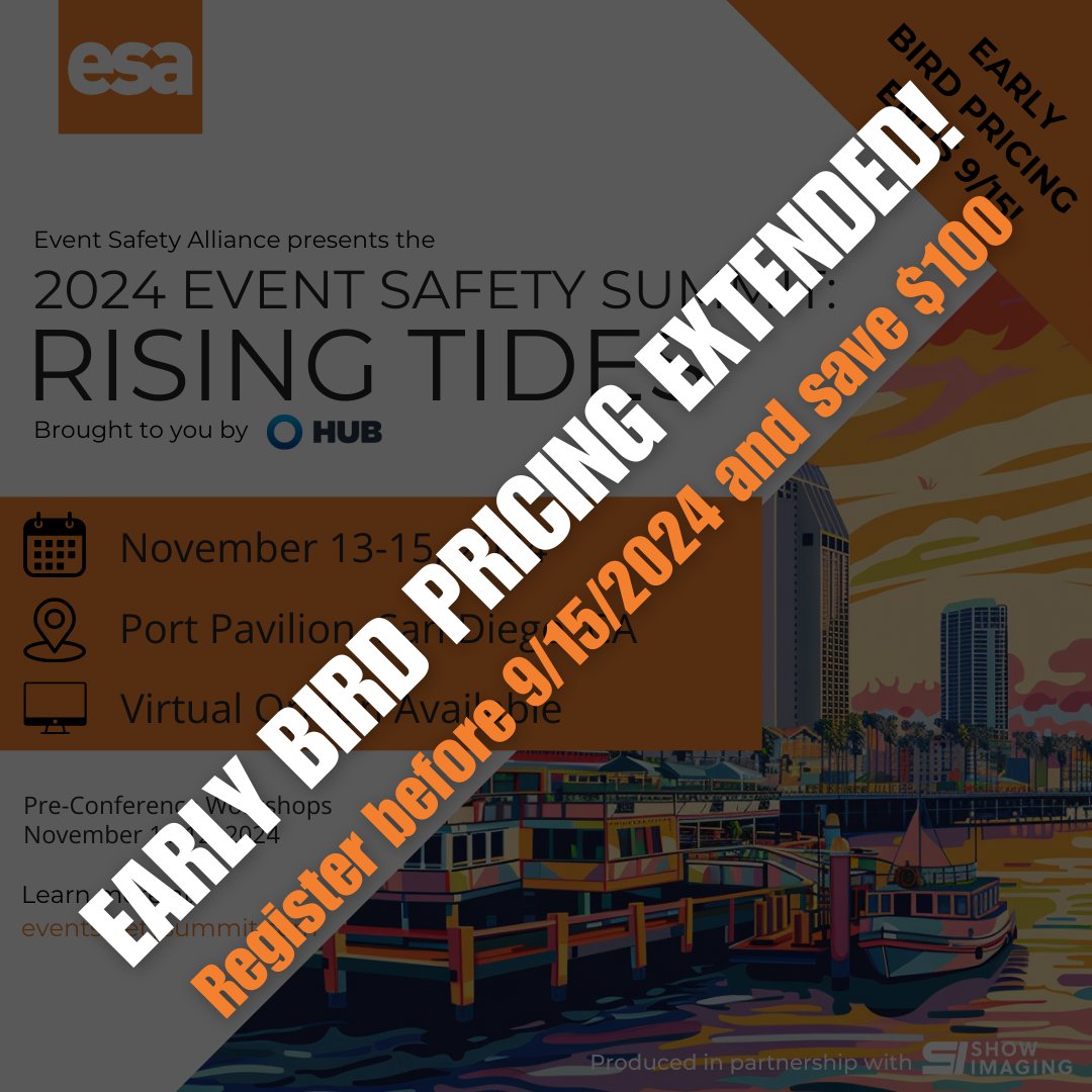 Event Safety Alliance (@eventsafety4all) on Twitter photo The first wave of Event Safety Summit sessions will be released next week! This is slightly later than planned, so as a "thank you" for your patience, we're extending early bird pricing until Sept 15! eventsafetysummit.com.
#eventsafety #eventprofs #eventsafetysummit #sandiego The first wave of Event Safety Summit sessions will be released next week! This is slightly later than planned, so as a "thank you" for your patience, we're extending early bird pricing until Sept 15! eventsafetysummit.com.
#eventsafety #eventprofs #eventsafetysummit #sandiego