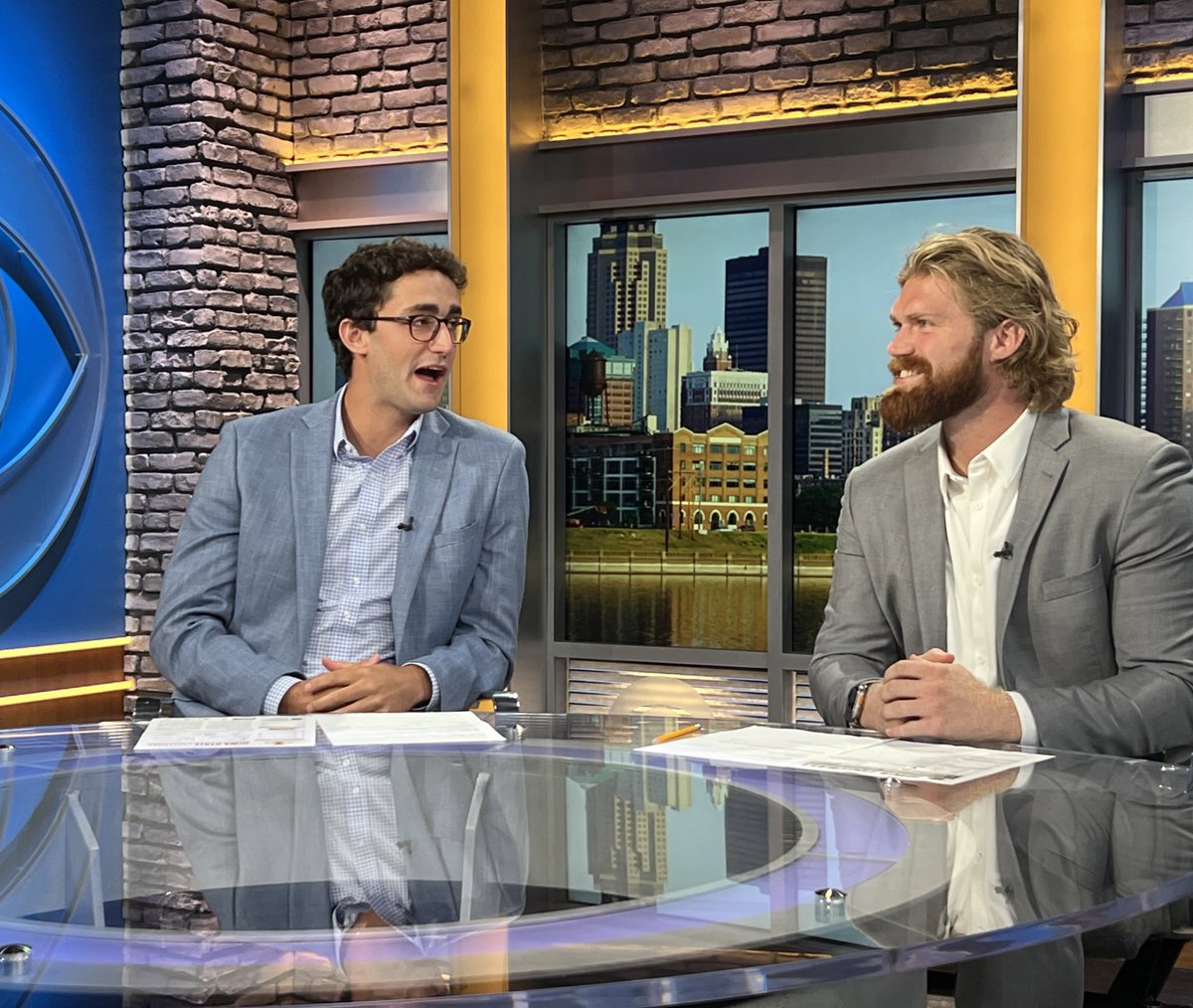 scottreister's tweet photo. BIG announcement! Former @dchsfootball state champs Blake Clark,  #Cyclones, and John Waggoner, #Hawkeyes, will join us every week this Fall as analysts for Big College Kickoff, Saturday mornings 10:30 on @KCCINews. These guys have great insights, still talk trash, and most importantly, own a sport coat. See y’all Saturday at 10:30 w @JeffDubrofKCCI @SEhrhardtKCCI @johnwaggs_12