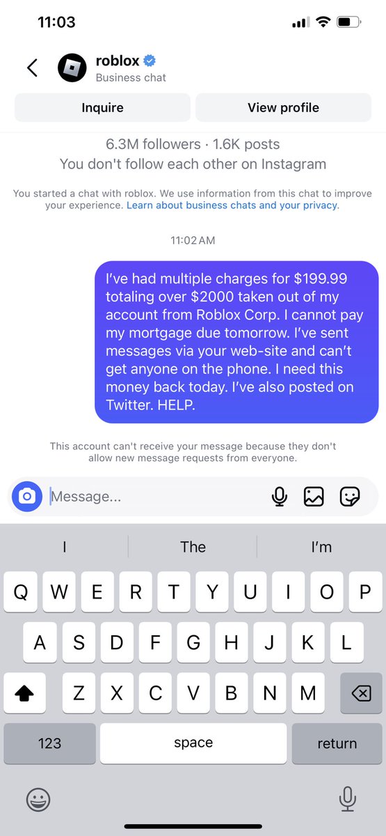 DMBiondo's tweet photo. @Roblox you won’t receive messages from customers that were victims of fraud on your Instagram either. How do you take care of your customers? #fraud #robloxfraud #customerservice #ROBLOX https://t.co/bl5waxxfvy
