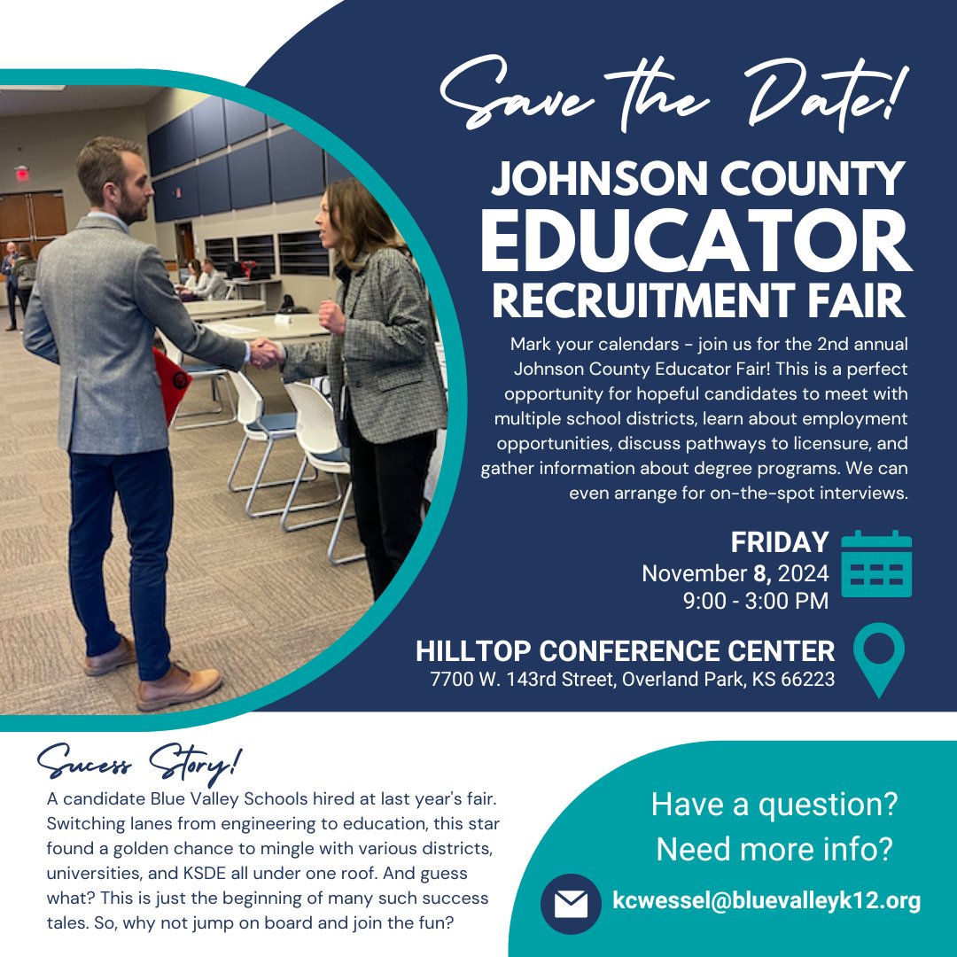 Kelly Wessel (@kellywessel) on Twitter photo 🗓Mark your calendars! The 2nd annual JoCo Educator Fair is Nov. 8th! Explore job possibilities, discuss licensure pathways, gather info about degree programs, participate in on-the-spot interviews & learn more about why this is a top place to live & work in the US! <a href="/BVSchoolsHR/">Blue Valley Human Resources</a> 🗓Mark your calendars! The 2nd annual JoCo Educator Fair is Nov. 8th! Explore job possibilities, discuss licensure pathways, gather info about degree programs, participate in on-the-spot interviews & learn more about why this is a top place to live & work in the US! <a href="/BVSchoolsHR/">Blue Valley Human Resources</a>