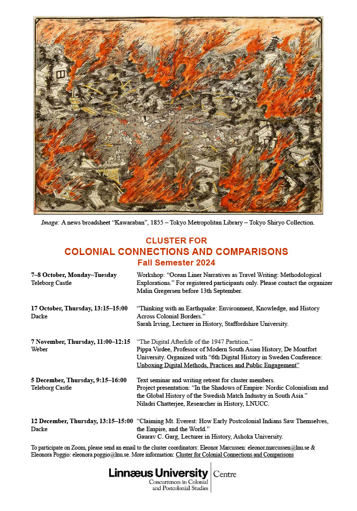 Our research cluster Colonial Connections and Comparisons' seminar programme this fall semester with lectures by Sarah Irving @DrTermagant (Staffordshire Univeristy), Gaurav C. Garg (Ashoka Univeristy), and Pippa Virdee (De Montfort University).
<a href="/lnuccon/">Concurrences at Linnaeus University</a> <a href="/linneuni/">Linnéuniversitetet Linnaeus University</a>