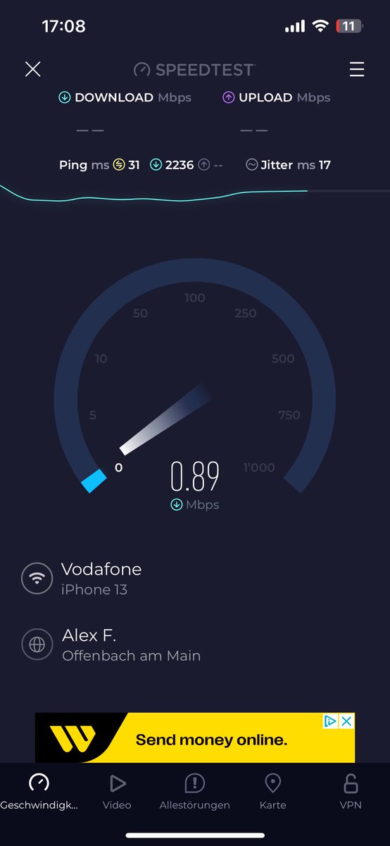 itpicksme's tweet photo. @vodafone_de Das WLAN und auch nur bei meinem Handy, seit Monaten. Der Speedtest pingt irgend einen Alex in Offenbach an, ich kack hier komplett ab 💀 https://t.co/g97SrMygZG