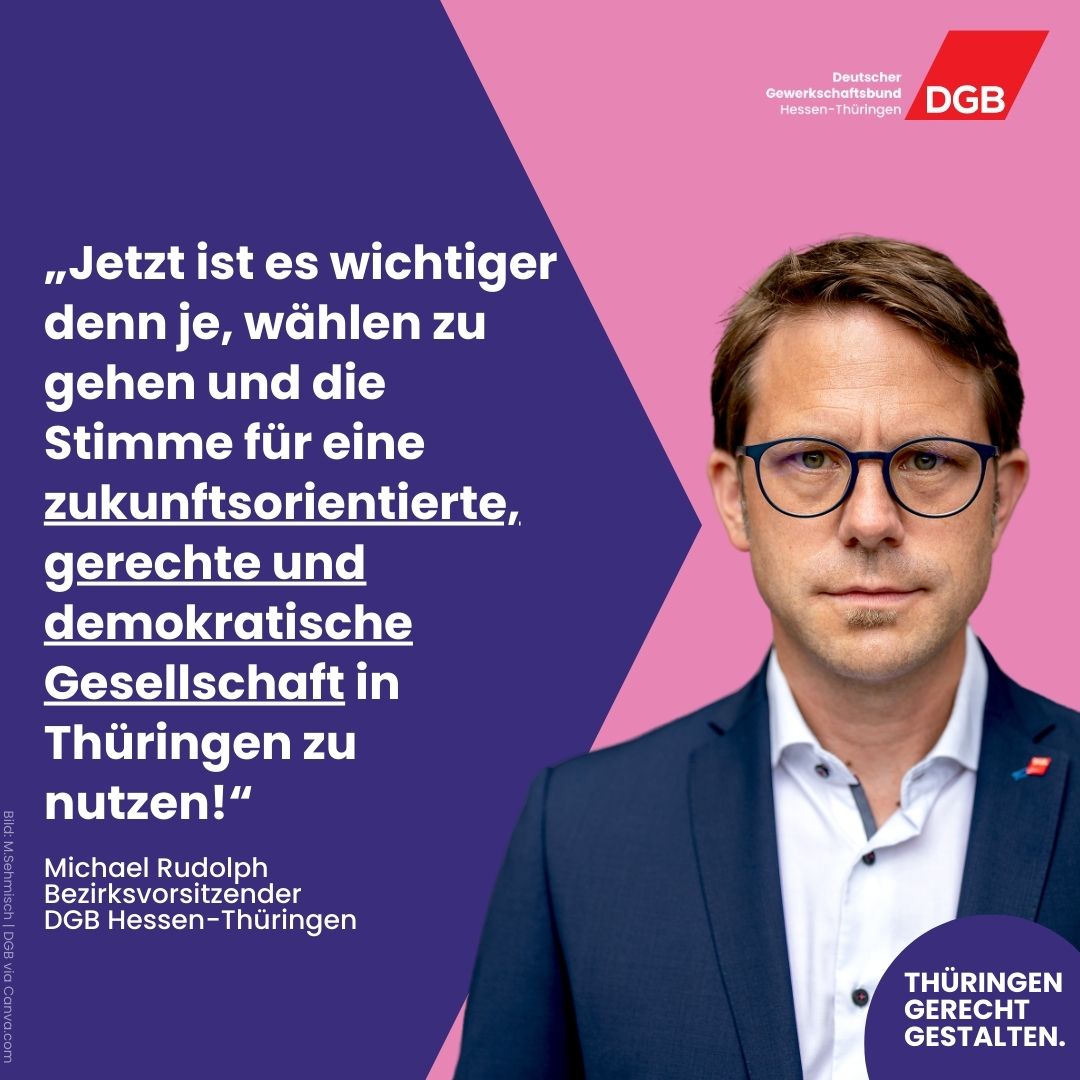 Am Sonntag werden die Weichen für die Zukunft der Wirtschafts- und Wissenschaftsstandorte sowie der Arbeitsplätze in #Thüringen gestellt. Jetzt ist es wichtiger denn je, wählen zu gehen! Noch unsicher? Mach den DGB-Wahlcheck! hessen-thueringen.dgb.de/-/81j #ltwThüringen2024