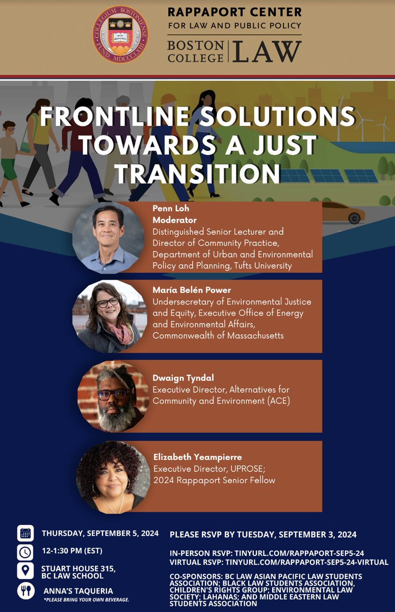 🔥 Excited to announce a second session on #ClimateJustice featuring incredible speakers! 🌎Moderated by Penn Loh, Director at Tufts UEP.

🗓️ Thursday, Sept 5, 2024, 12-1:30 PM (EST) 
📍 Boston College Law School

RSVP: bccte.zoom.us/webinar/regist…