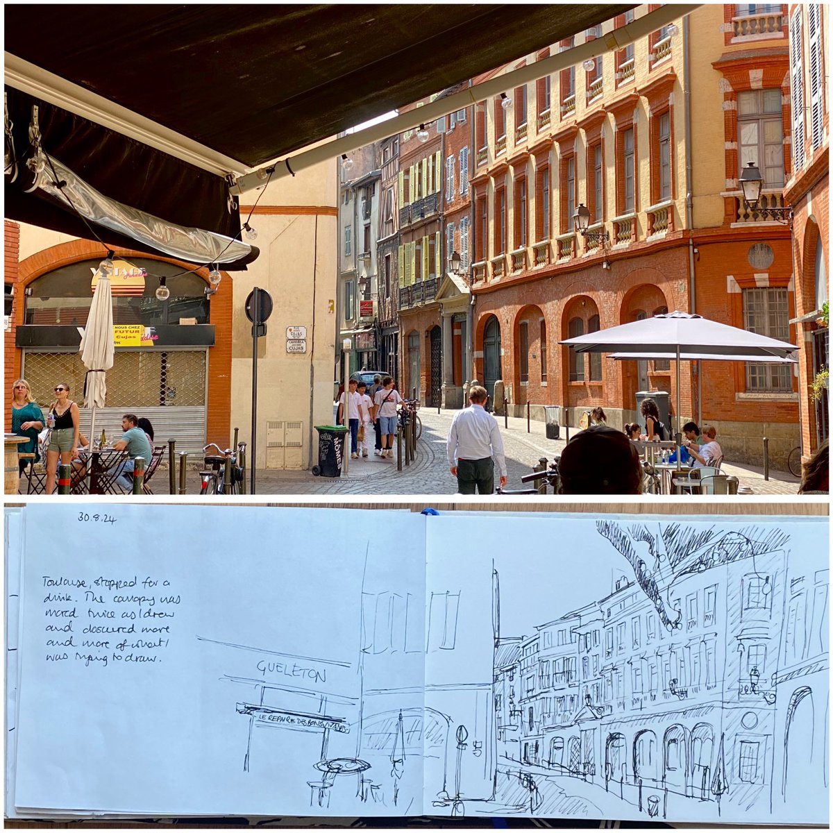 Day 30 of #drawingaugust Stopped for a drink in Toulouse and started drawing. The proprietor put the canopy part way out so I changed my drawing to include it. Then she put it all the way out so I gave up as it obscured much of what I was drawing! #vacances #toulouse sketchbook
