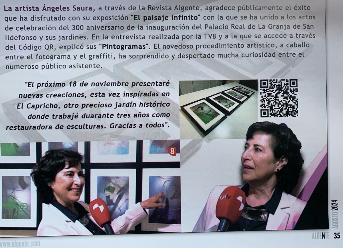 Agradezco a la revista ALGENTE su interés por mi obra y la oportunidad de dar a conocer mis exposiciones. GRACIAS
#angelessaura #pintogramas 
#abstraccion #abstractart #abstractpainting #art #arte #artecontemporaneo #artist #artista #artofvisuals  #artwork #contemporaryart
