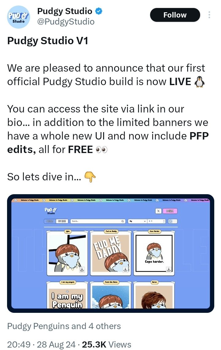 Soheil_SBabaei's tweet image. In an August28 blog post,#Igloo Inc.,through its #PudgyPenguins X account,confirmed launching a new #digitalstudio titled“#PudgyStudio.” The new&amp;amp;improved user interface(UI)allows #NFT holders to seamlessly browse templates across the #PudgyNFT market&amp;amp; #Abstract ecosystems.
#NFTs