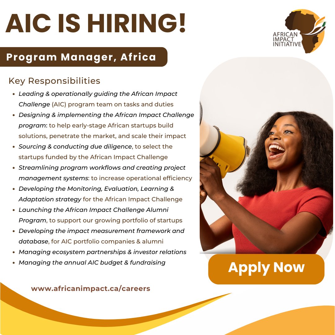 <a href="/africanimpactin/">African Impact Initiative</a> is hiring for a program manager based in Africa, who will help shape the future of African entrepreneurship! they will lead the funding and development of startups across the African continent. deadline is Sep 15, pls help me share🙏

lnkd.in/gxGQeJEZ