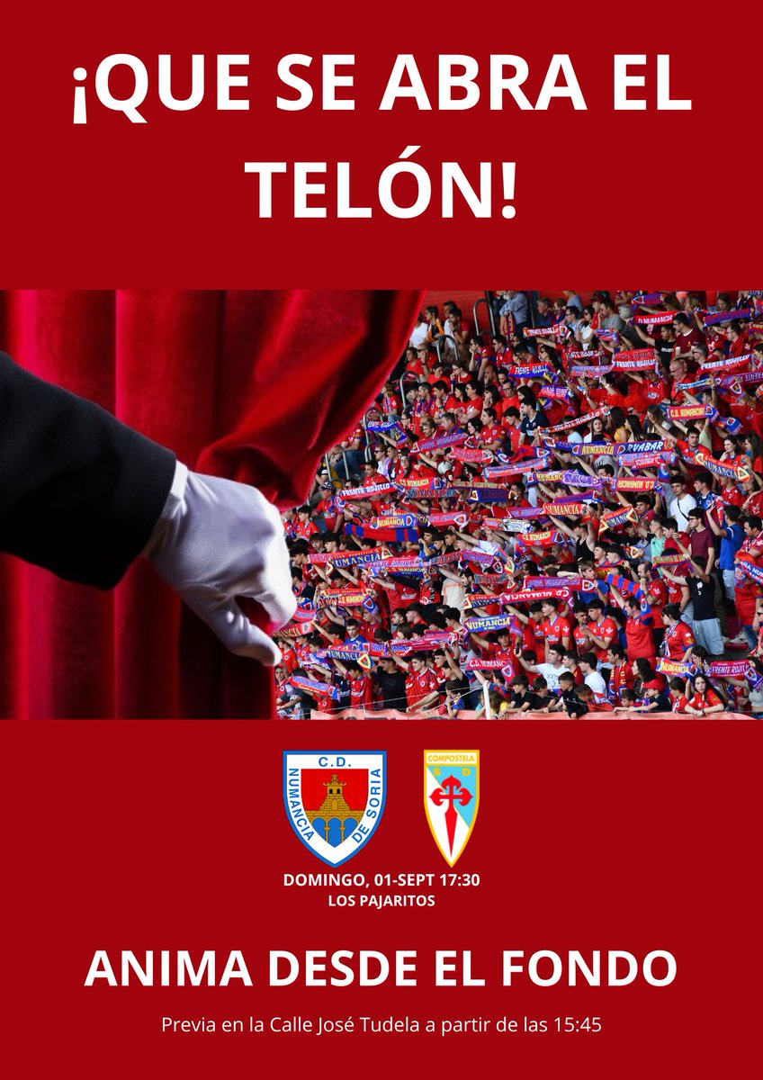 Frente Rojillo (@frente_cdn) on Twitter photo Tras una larga espera, el fútbol vuelve a casa...
El domingo todos al campo para el partidazo <a href="/cdnumancia/">CD Numancia</a> VS <a href="/SD_Compostela/">S.D. Compostela</a>.
Y para empezar bien la temporada, previa en la calle José Tudela desde las 15:45. Os esperamos 🍻
#AupaNumancia❤️💙
#AnimaDesdeElFondo Tras una larga espera, el fútbol vuelve a casa...
El domingo todos al campo para el partidazo <a href="/cdnumancia/">CD Numancia</a> VS <a href="/SD_Compostela/">S.D. Compostela</a>.
Y para empezar bien la temporada, previa en la calle José Tudela desde las 15:45. Os esperamos 🍻
#AupaNumancia❤️💙
#AnimaDesdeElFondo