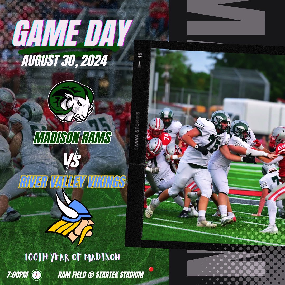 Home opener tonight against the River Valley Vikings ❕

Kickoff is at 7pm  🏈🕖

Celebrating “100 Years of Madison”  🐏