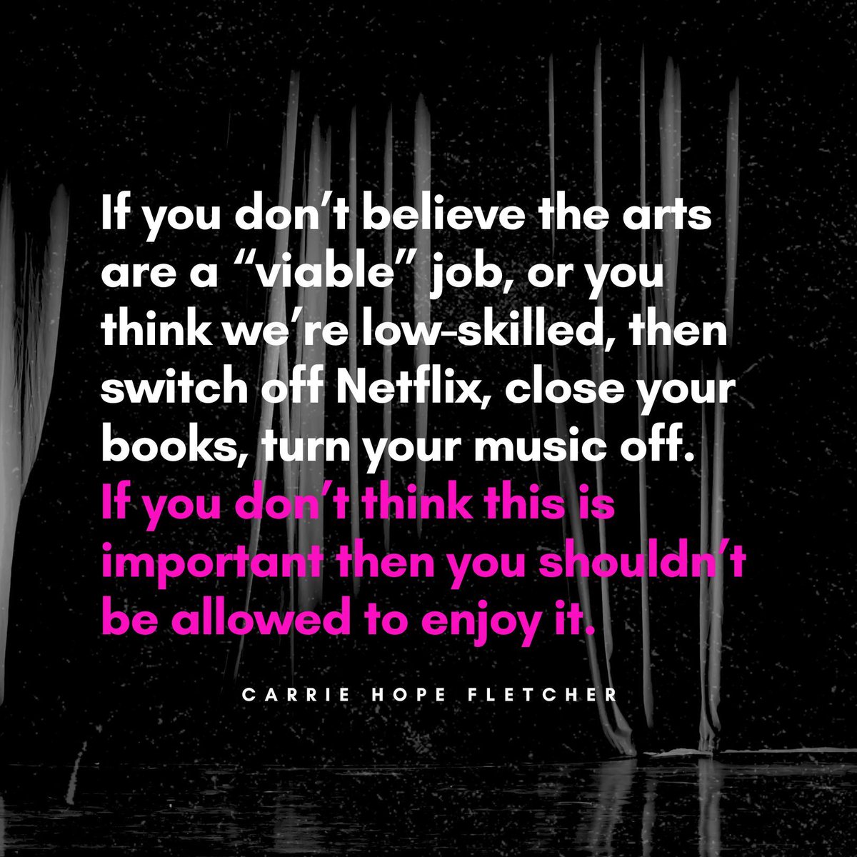 Just like that, the @creativescots Open Fund for Individuals is closed indefinitely and marginalised artists lose a major lifeline. Good time to bring back this quote from Carrie Hope Fletcher: "If you don’t think this is important then you shouldn’t be allowed to enjoy it."