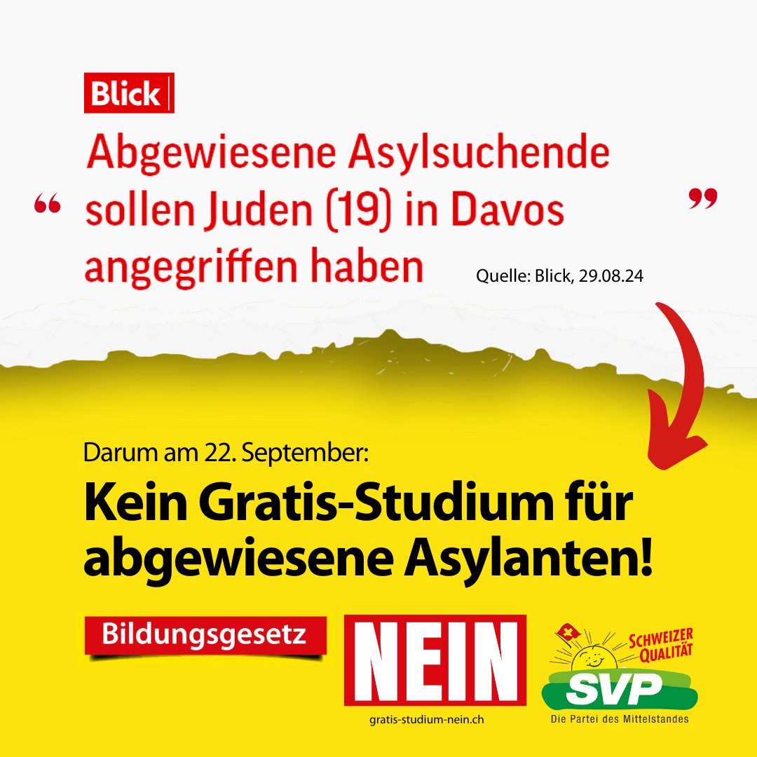 Im Kanton Zürich sollen abgewiesenen Asylbewerber noch Stipendien und damit ein Gratis-Studium erhalten. Schluss damit! Abgewiesene Asylbewerber müssen unser Land schnellstmöglich verlassen.
Darum: NEIN zum Bildungsgesetz am 22.09.24! 🗳️

Quelle: blick.ch/schweiz/graubu…