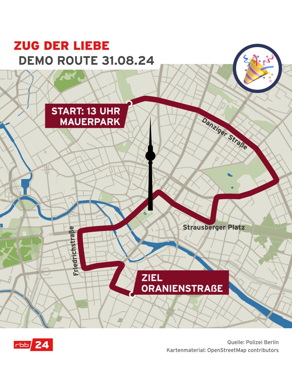rbb24's tweet photo. Ab 13 Uhr am Samstag werden beim alljährlichen  "Zug der Liebe" wieder tausende Menschen getreu dem Motto „Bässe verbinden“ durch #Berlin ziehen. Startpunkt ist der Mauerpark, dann geht es bis zur Oranienstraße in Kreuzberg. #rbb24 #zugderliebe https://t.co/lxrT2fbpTe