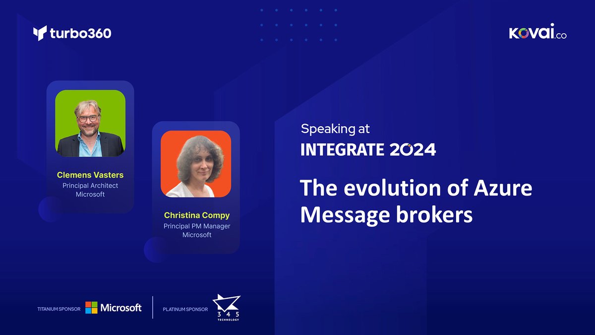 turbo360cloud's tweet photo. Stay ahead of the curve with the latest updates on Azure messaging services!
Watch @clemensv's and @ccompy's session from #INTEGRATE2024 to learn about Event Grid, Service Bus, and Messaging catalogues.
https://t.co/pgQGMP4JCC
#AzureMessaging #AIS #ServiceBus https://t.co/46Jpn6IrSz