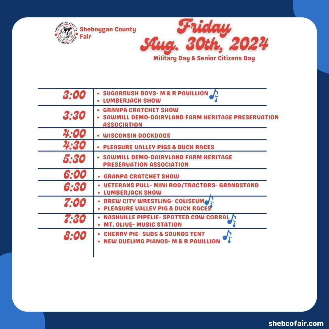 ShebCoFair's tweet photo. Check out the schedule of events and activities for day 2 of the 2024 Sheboygan County Fair!

Day passes are $10 for adults, $5 for children 10-14, and kids 9 &amp; under are free! 

Parking is $5.

#Shebcofair #militaryday #seniorday https://t.co/tPLlYwxW3D