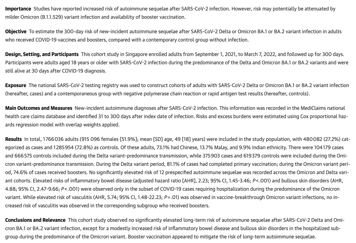 EricTopol's tweet photo. We know Covid is associated with a higher subsequent rate of autoimmune diseases. A new report from >1.7 million Singaporean adults concludes "Booster vaccination appeared to mitigate the risk of long-term autoimmune sequelae."
https://t.co/TVG01zJSto https://t.co/DFXkwQWvNB